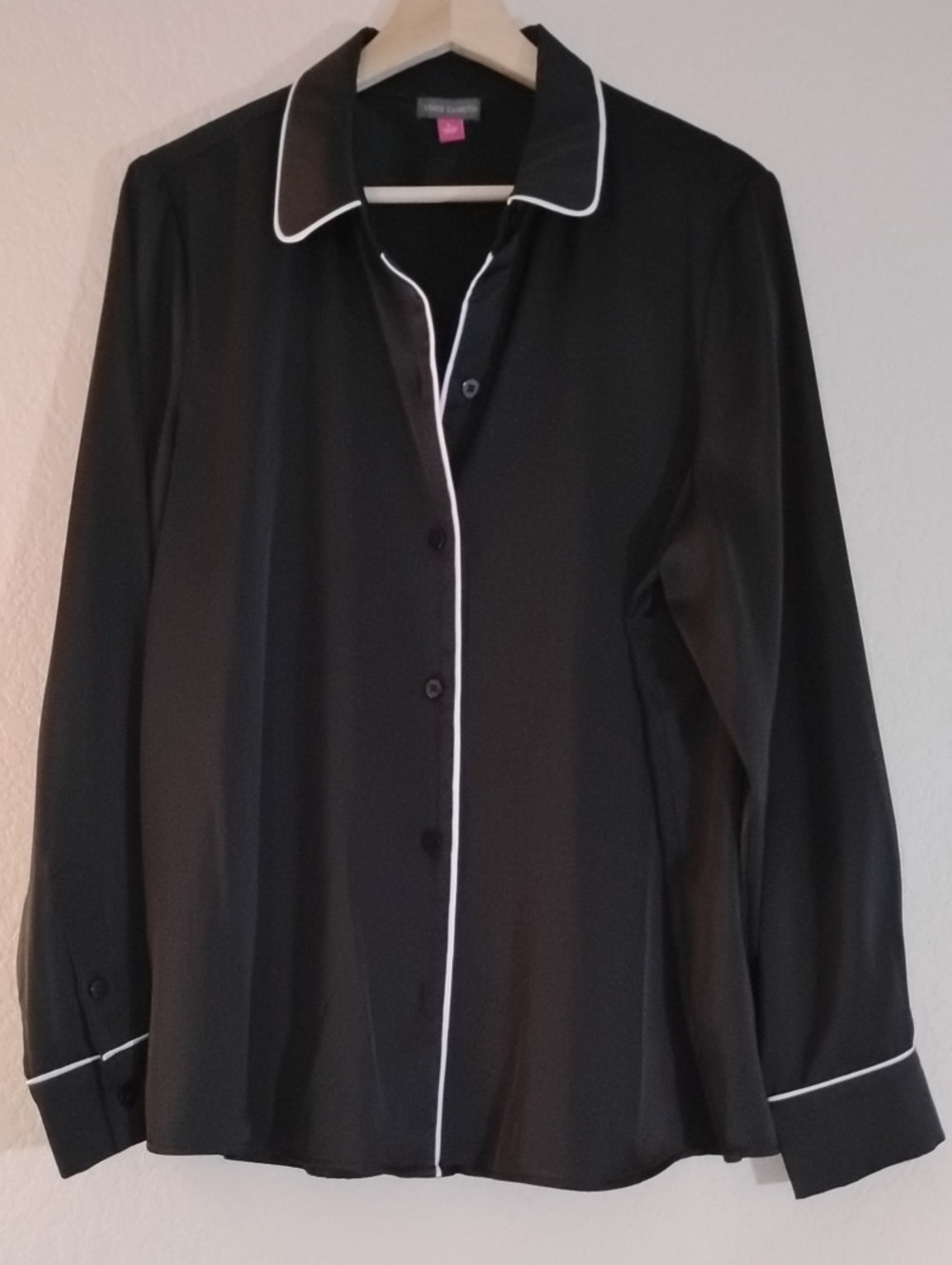 Vince Camuto Black Satin Pajama Shirt with White Piping